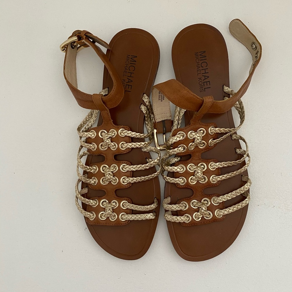 MICHAEL KORS- brown&gold flats ankle strap size 8M